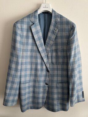 $4500 Sartoria Castangia Blue Plaid Wool/Silk/Linen Sport Coat / Blazer - 48